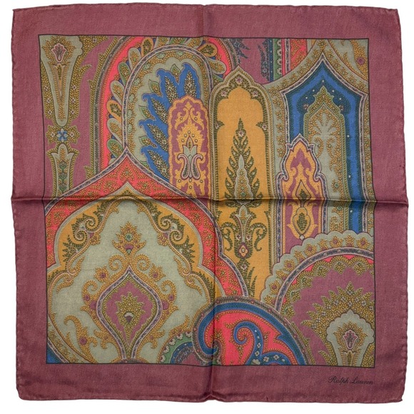 Ralph Lauren Purple Label Silk Pocket Square Burgundy Ornate Boteh Italy 18.5